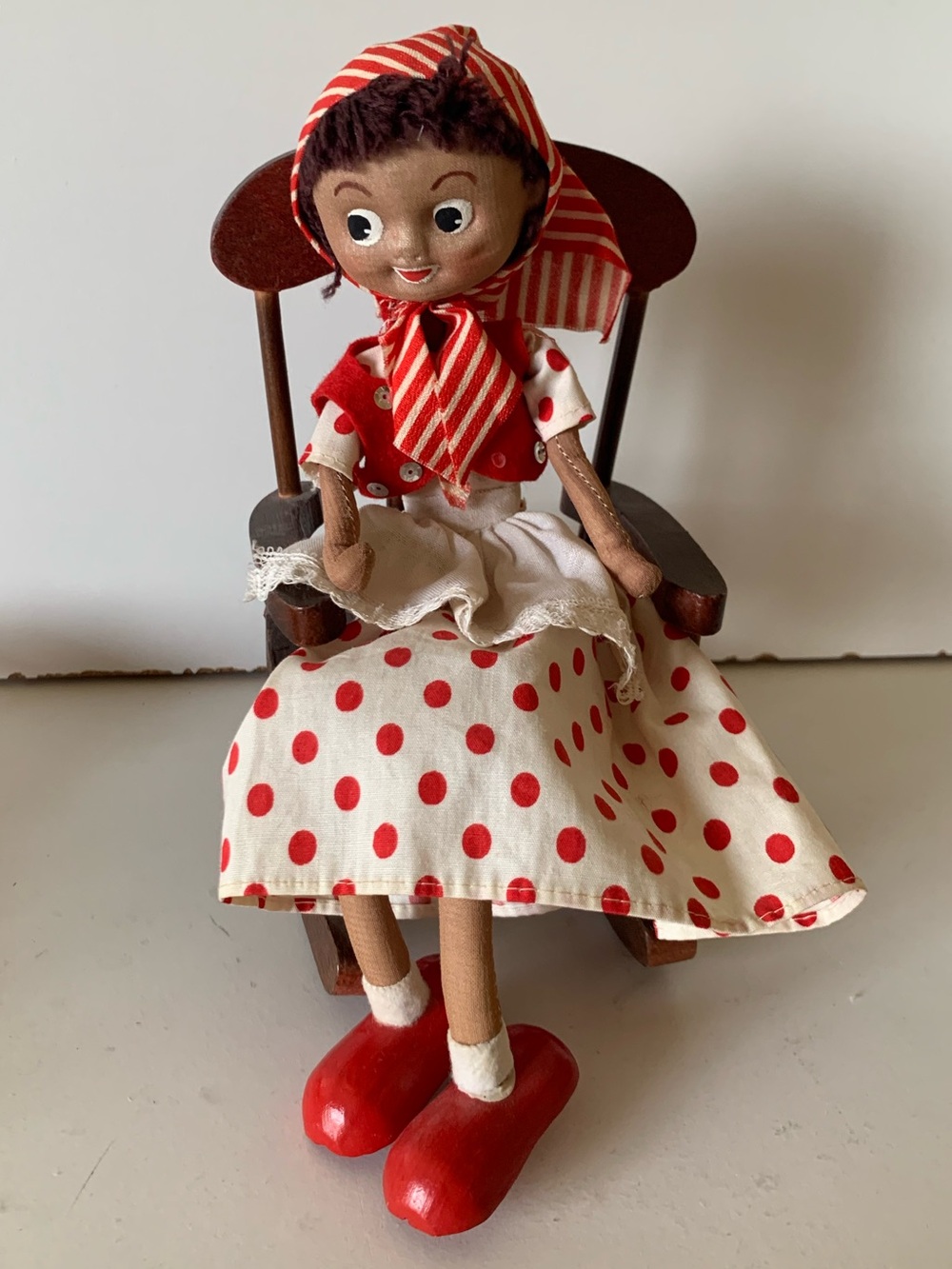Vintage Made in Japan Red and White Polka Dot Cloth Doll in Striped Headscarf